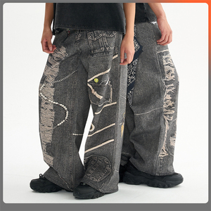 Jeans en denim vintage décontracté de haute qualité, coupe mi-large, style streetwear, surdimensionné, déchiré, pour hommes, vente en gros - Product Image 3