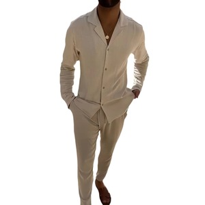Completi da <span class=keywords><strong>uomo</strong></span> in <span class=keywords><strong>lino</strong></span>, primaverili/autunnali, casual, con camicia a maniche lunghe e pantaloni, set due pezzi, <span class=keywords><strong>abbigliamento</strong></span> <span class=keywords><strong>uomo</strong></span> alla moda. - Product Image 5