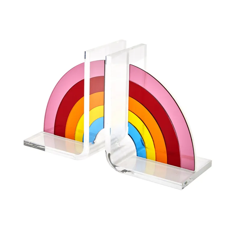 Rainbow Acrylic Lucite Bookends Clear Base Delicate Library Bookends