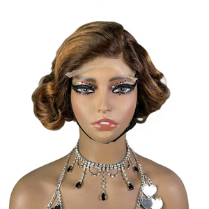 Parrucca 5x5 con pizzo frontale, capelli corti e colorati, sfumati, con mèches ricci, 8 pollici, marrone-<span class=keywords><strong>biondo</strong></span>, può essere permanentata e tinta - Product Image 1