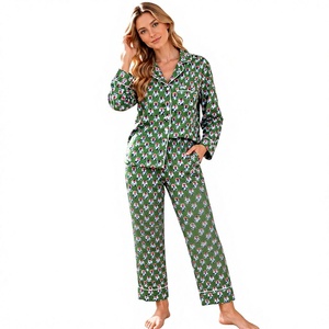 Conjunto de pijama de manga larga para mujer con estampado de dibujos animados, top con solapa y ribete en contraste, ropa de dormir para estar en casa con pantalones, top de pijama con cuello de solapa - Product Image 1