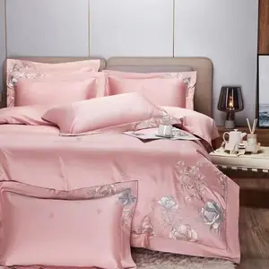 Hot selling 100% cotton full size pink bedsheets luxury comfortable blue duvet cover single embroidery bedding set