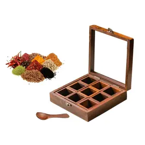 Kitchen Table Spice Organizer Storage Hand Crafted 9 Small Compartments Square Antique Wooden Spice Box With Glass Lid