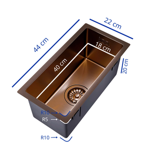 Évier de cuisine simple en cuivre 44x22cm avec cuve intérieure 40x18cm à coins arrondis <span class=keywords><strong>pour</strong></span> projets hôteliers et villas - Fournisseur OEM ODM - Product Image 2