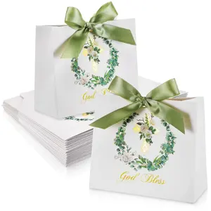 Elaborate Design Clearly Printed Odorless Gift Communion Religious Favor Goodie Candy Portable Paper Bag With Green Ribbon
