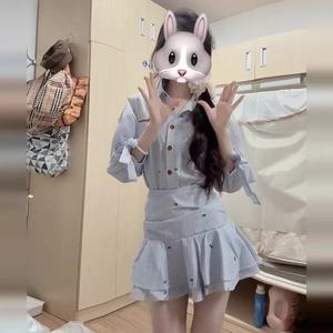 Striped Shirt Dress Mid Sleeve High Waist Pleated Skirt Daily Casual Wear Korean Style Sweet Petite Fit - Product Image 4