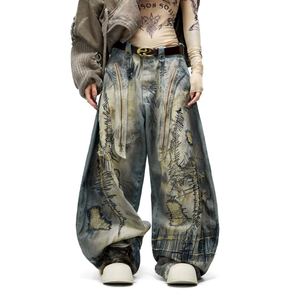 <span class=keywords><strong>Jeans</strong></span> de Moda con Estampado Urbano y Logotipo OEM, <span class=keywords><strong>Jeans</strong></span> Hip-hop Personalizados con Lavado Monkey, Pantalones Anchos de Mezclilla para Hombre - Product Image 1