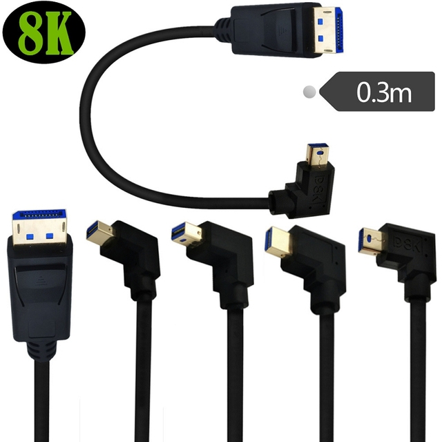 Customized 8K Mini Display Port Cable 1.4 Version Gold-Plated PVC 90 Degrees Bent Pure Copper Conductor Mated Graphics Card