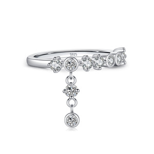 Women's 925 Silver Round Zircon Tassel Engagement Ring Romantic Prong Setting Rhodium Plated Jewelry - Product Image 1