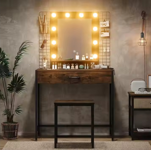 Mesa de Maquiagem Rústica em Painel de Carvalho Marrom com Espelho Iluminado por LED e Conjunto de Mesa de Vanidade Ajustável - Mesa de Maquiagem de Fácil Montagem - Product Image 1