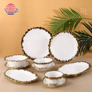Royal Gold Rand dekorative Porzellan Geschirr setzt Suppen tassen tiefe Gerichte Teller weiße Keramik Luxus Dinner-Set