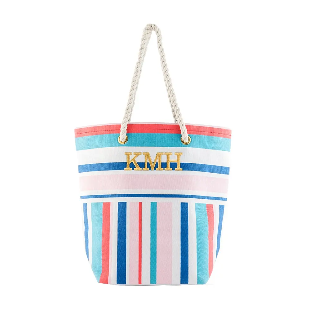 Bolso de mano de playa de lona de algodón con monograma personalizado, bolso de compras de playa de hombro de reciclaje promocional OEM con asa de cuerda