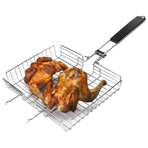 Panier à grillades pour barbecue portable en filet Grands paniers pliants carrés avec poignée Camping en plein air portable avec brosse à badigeonner - Product Image 6