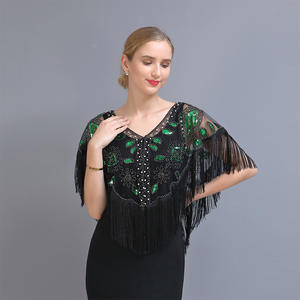 Selendang Wanita Era 1920-an Berpayet dengan Rumbai Mutiara Berhias Manik-Manik, Jaring Transparan, Selendang Gatsby Flapper Bolero - Product Image 3