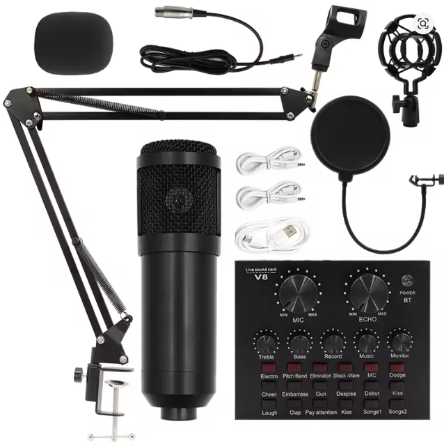 BM800 Microphone V8 Sound Card Podcast Equipment Professional Audio Condenser Mic Kit for Live Broadcasting Studio Recording