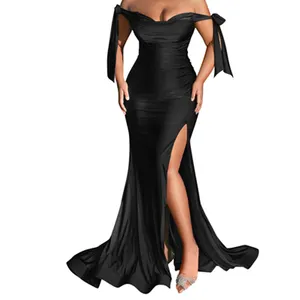 New Arrivals Summer Prom Ruched Off The Shoulder Straps High Waist Split Long Evening Sexy Party Dresses