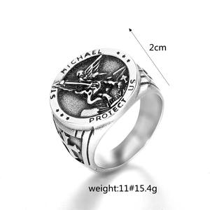 St Michael Angel <b>Ring</b> Stainless Steel Men's Hip Hop Jewelry Gift Round Wings Design Gold And Steel Color - Product Image 5