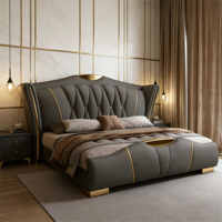 Cama Italiana de Cuero Genuino con Estructura de Metal Tapizada, Lujosa, Moderna, Individual, Matrimonial, Queen, King Size