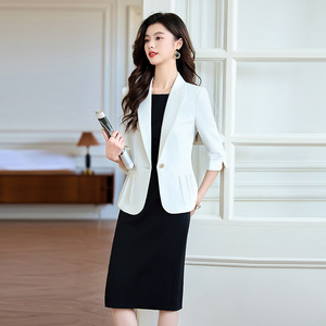 Women's Short Suit Jacket And Dress Two Piece Set Solid Color Polyester Anti Wrinkle Blazer For Office Wear - Product Image 2