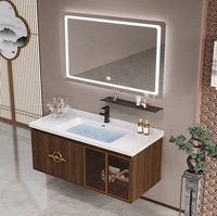 Mueble de Baño Flotante de Pared en Nogal Oscuro con Espejo Decorativo LED Inteligente y Gabinete de Vidrio para Villa u Hotel