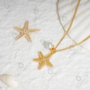 Gemnel Mujeres 18K oro joyería verano playa estilo perla natural blanco CZ estrella de mar colgante collar - Product Image 5