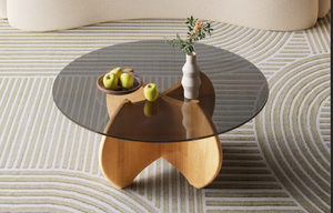 Table basse moderne en verre trempé rond avec base en bois, meubles de salon, design décoratif - Product Image 4