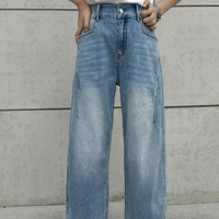 Pantalon en jean court taille haute élastique pour femme grande taille, coupe droite, jambe large, écologique et inaltérable – Vente en gros