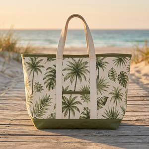 Sac de courses en coton premium avec imprimé palmiers tropicaux et feuilles botaniques |   Sac de transport réutilisable en tissu pour la plage - Product Image 2