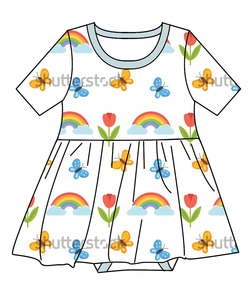 <span class=keywords><strong>Vestito</strong></span> per Bambine in Bambù a Maniche Corte, Nuova Collezione con Stampa Arcobaleno, Tulipani e Farfalle, Morbido e Confortevole per Uso Quotidiano - Product Image 1