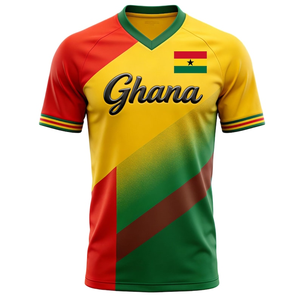 Maglietta Ghana Tricolore Rosso Giallo Verde con Collo a V Verde, Maglia da Calcio con Bandiera Nazionale del Ghana per Tifosi - Product Image 1