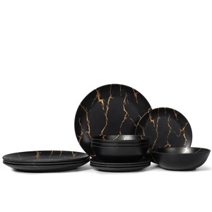 Cao Cấp Bộ Đồ Ăn Nặng Đá Cẩm Thạch Đen Serveware, Thời Trang Hiện Đại Khách Sạn Bắc Âu Đen Vàng Rim Đồ Ăn - Product Image 3