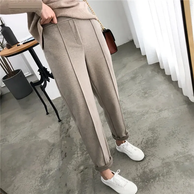 Wool Harem Pants Autumn High Waist Loose Trousers Work Suit Pant Female Casual Winter Thicken Women Pencil Pants