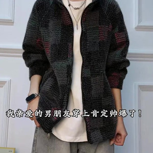 Cardigan en molleton tricoté style rétro américain, <span class=keywords><strong>sans</strong></span> <span class=keywords><strong>capuche</strong></span>, col montant, à carreaux colorés, pour automne-hiver, streetwear - Product Image 5