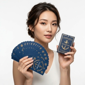 Jeu de cartes de poker personnalisé style nautique méditerranéen, finition lin, dorure bleue, cadeau pour club nautique et bateau de croisière - Product Image 2