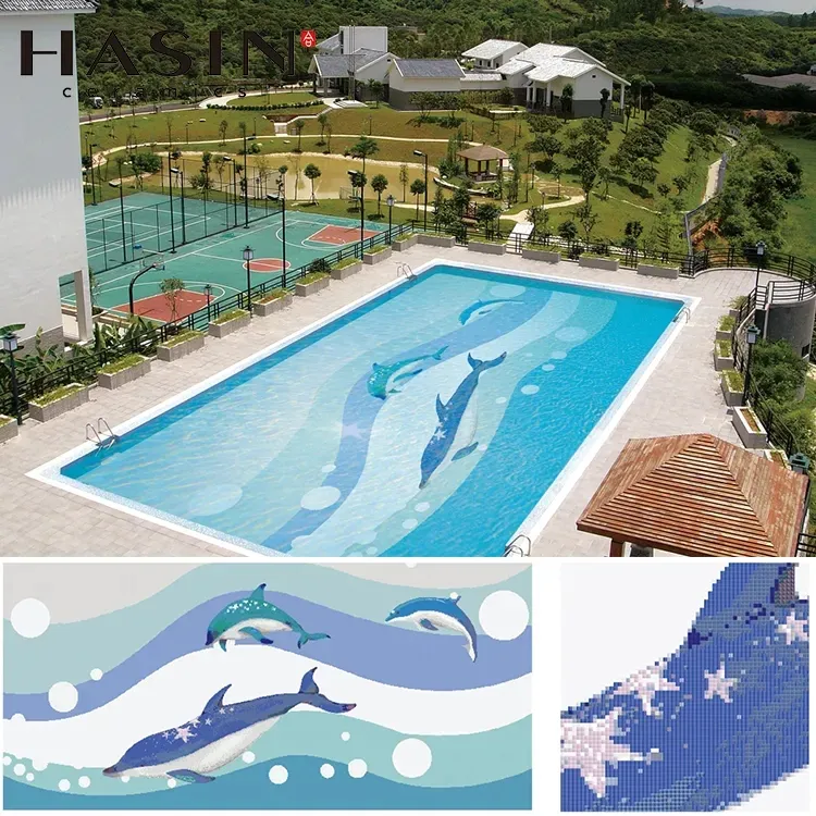 Hasin buon fornitore modello personalizzato modello delfino alghe piscina interna mosaico blu