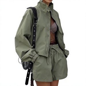 Ensemble de sport gris 2 pièces pour femme : veste à col montant zippée et short, coupe ample, séchage rapide, style sportif printemps-été - Product Image 6