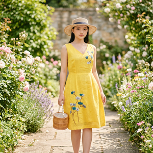 Vestido Midi Amarillo con Cuello en V, Sin Mangas, Bordado Floral en Relieve, Estilo Bohemio, Holgado, para Mujer, Uso Diario de Verano, Estilo Oriente Medio - Product Image 4