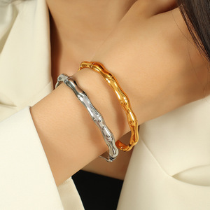 Bamboo Shape Bangle Gold Silver Plated <b>Titanium</b> Steel Unisex Fashion Jewelry Bracelet - Product Image 4
