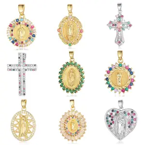 Wholesale Factory Price Cross Colored Zirconium Copper Zircon Necklace Religious Jewelry Virgin Mary Pendant