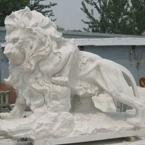 ประติมากรรมหินสีขาวรูปปั้นสิงโตสำหรับตกแต่งสวนกลางแจ้ง