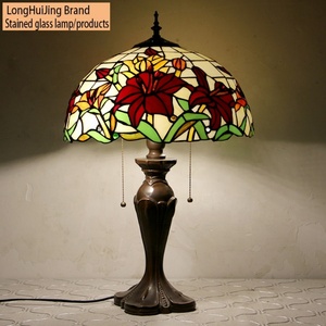 LongHuiJing Tiffany Style Reading Desk Lamp <b>Red</b> Floral Stained Glass Lamo Lampshade Table Lights Home Table Lamp Stand Lamp - Product Image 6