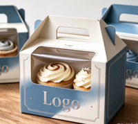 Boîte à cupcakes personnalisée biodégradable avec poignée bleue dégradée, fenêtre transparente, emballage de luxe pour gâteaux et desserts