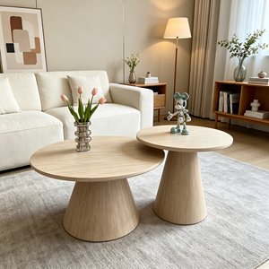 Ensemble de tables basses gigognes rondes en bois clair minimaliste avec piétement conique – Table d'appoint moderne pour salon et hôtel - Product Image 1