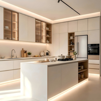 Mueble de Cocina Moderno de Madera Maciza Blanca con Estantes Abiertos Azules, Cajón, Fregadero, Encimeras de Cuarzo, Gabinete de Cocina de Alta Gama en Paquete Plano
