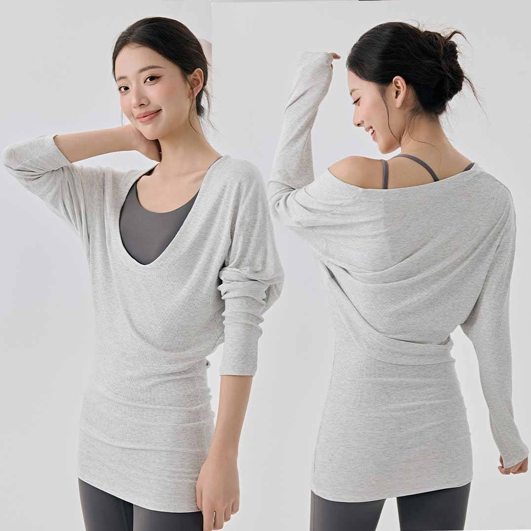 Women's Ribbed Long Sleeve Yoga Top Deep U Neck Cross Back Tunic Shirt High Stretch Casual Workout Pullover for Gym
