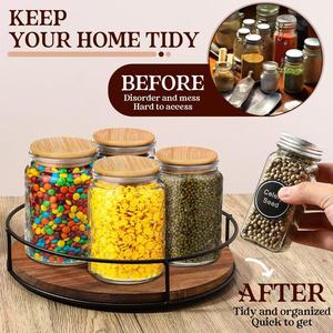 Round <b>Rotating</b> Wooden Storage Tray Iron Wood Kitchen <b>Spice</b> <b>Rack</b> Organizer 4-7 Compartments Standing Type Multifunction - Product Image 4