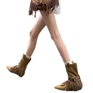 Botas de moda 2026 de diseño exclusivo de dos formas con borlas y punta, botas vaqueras occidentales para mujer, botines planos a media pantorrilla - Product Image 5