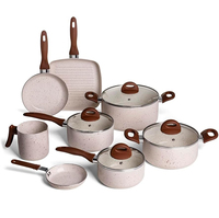 Batterie de cuisine en céramique 6 pièces antiadhésive, compatible lave-vaisselle et four, avec couvercles en verre et poignées en bois, design moderne – Vente chaude