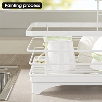 Rak pengeringan mangkuk piring dapur, logam cor tingkat ganda multifungsi dengan papan pengering dan rak penyimpanan