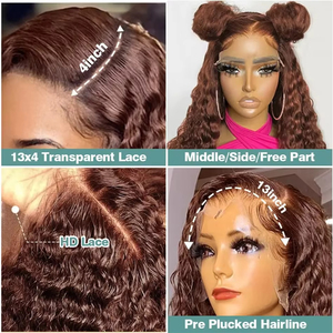 Pelucas de Cabello Humano con Frente de Encaje 13x4, Rizado Jerry, Color Marrón Chocolate, 34 Pulgadas, 250% de Densidad, Pre-arrancadas con Cabello de Bebé para Mujeres - Product Image 5